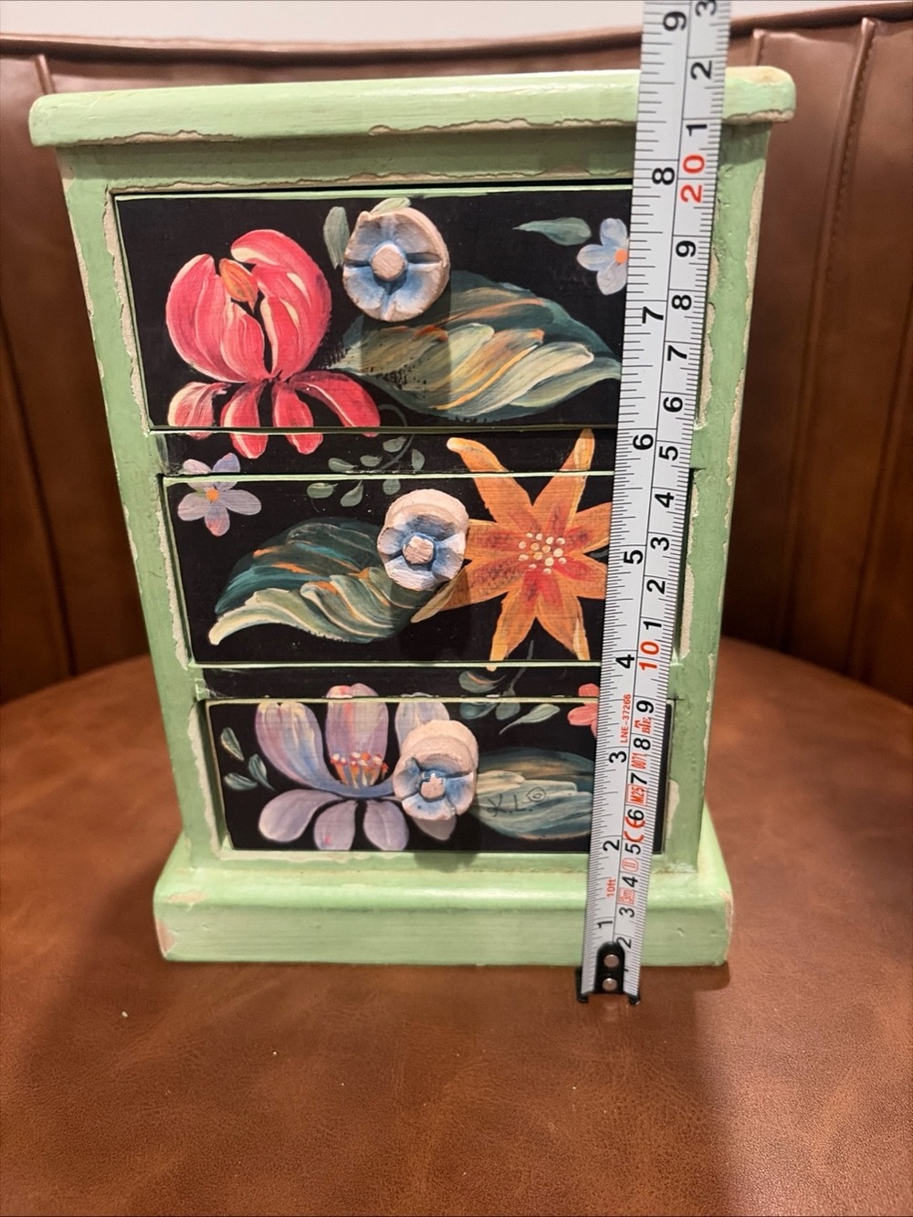 Vintage Floral Wooden 3 Drawer Jewelry Box Cottage Hand Painted  Boho signed - Picture 10 of 16